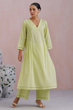 Lime Green Embroidered Kurta Set With Pintucks detailing Korah Stitch