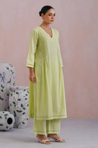 Lime Green Embroidered Kurta Set With Pintucks detailing Korah Stitch