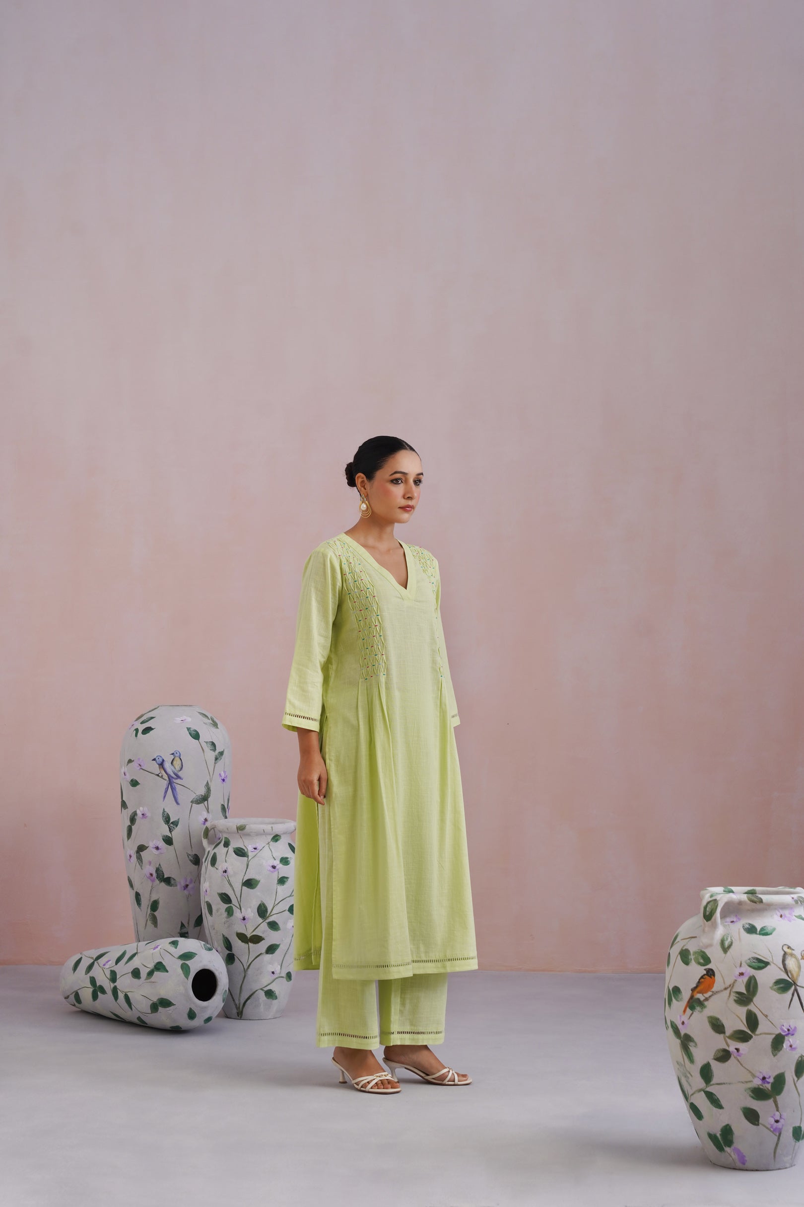 Lime Green Embroidered Kurta Set With Pintucks detailing Korah Stitch