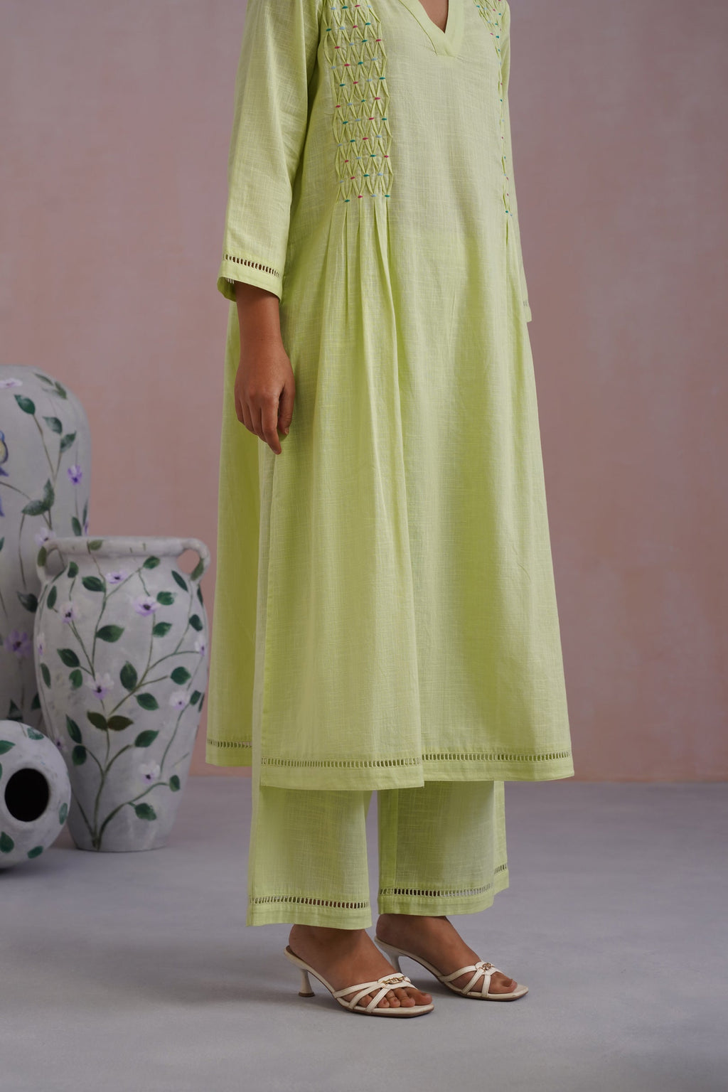 Lime Green Embroidered Kurta Set With Pintucks detailing Korah Stitch
