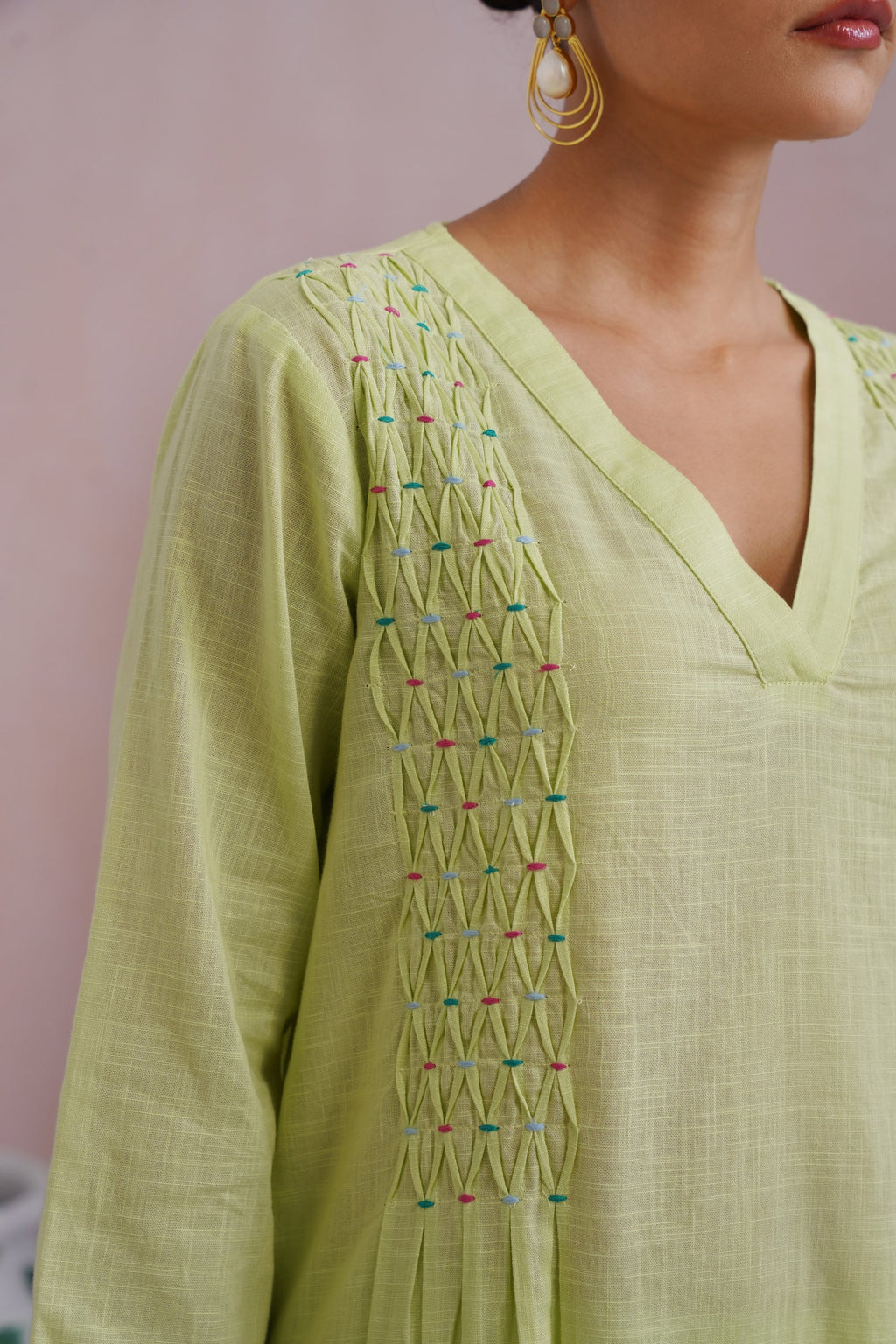 Lime Green Embroidered Kurta Set With Pintucks detailing Korah Stitch