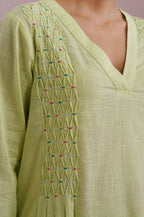 Lime Green Embroidered Kurta Set With Pintucks detailing Korah Stitch