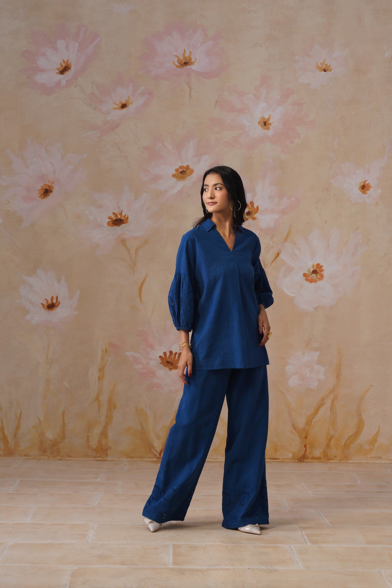 Midnight Blue Broderie Co-Ord Set Korah Stitch