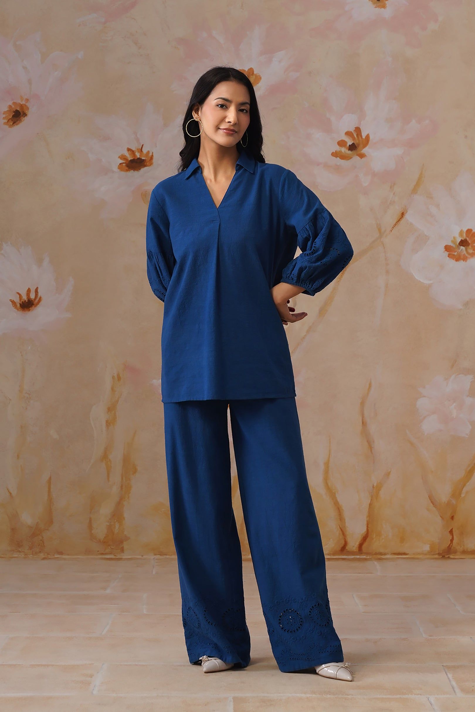 Midnight Blue Broderie Co-Ord Set Korah Stitch