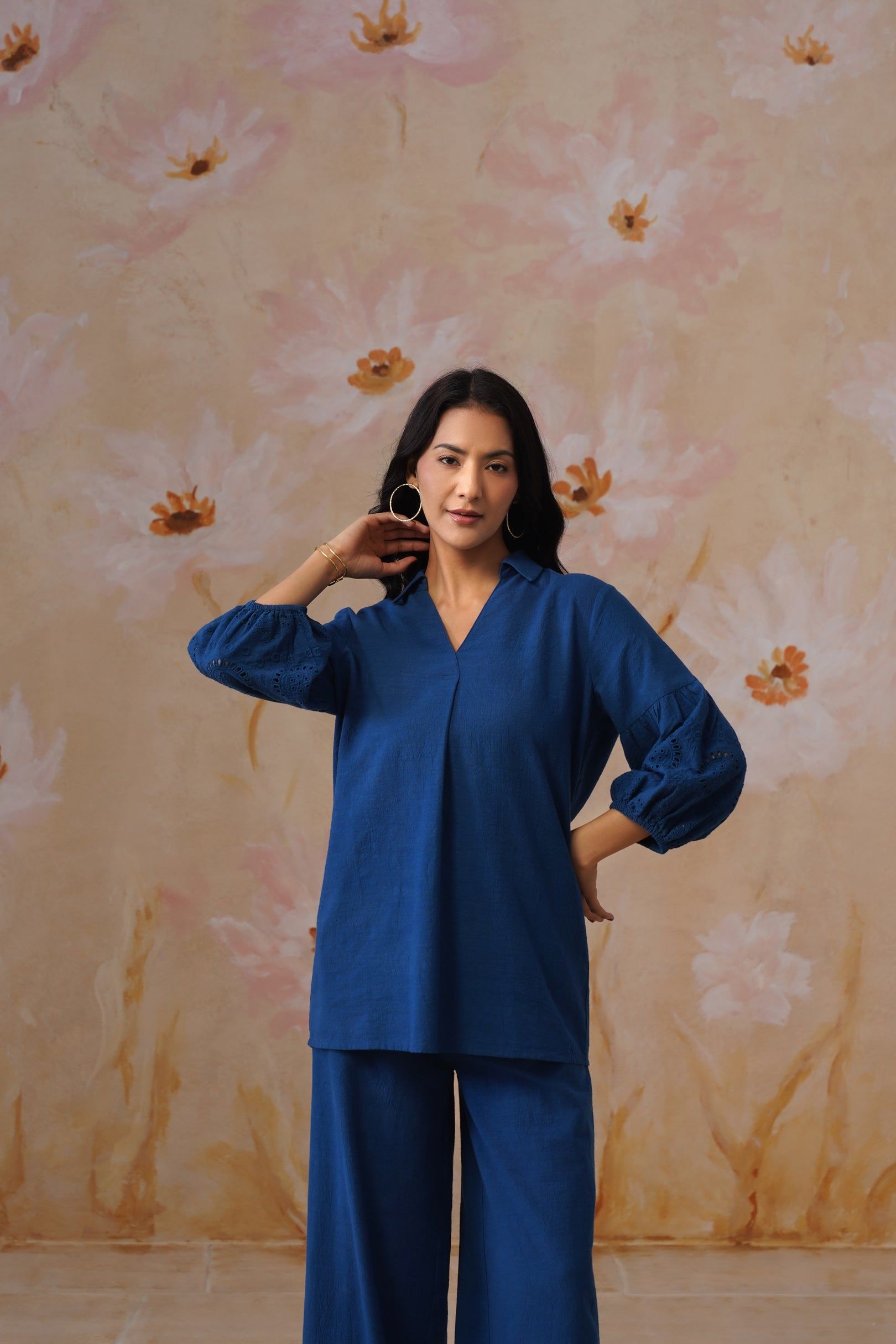 Midnight Blue Broderie Co-Ord Set Korah Stitch