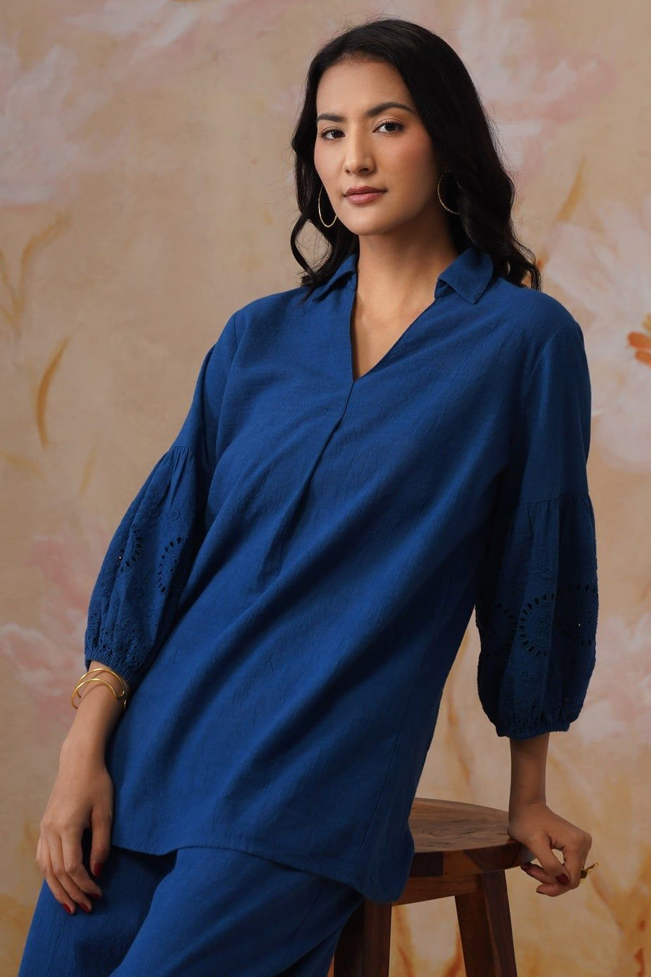 Midnight Blue Broderie Co-Ord Set Korah Stitch