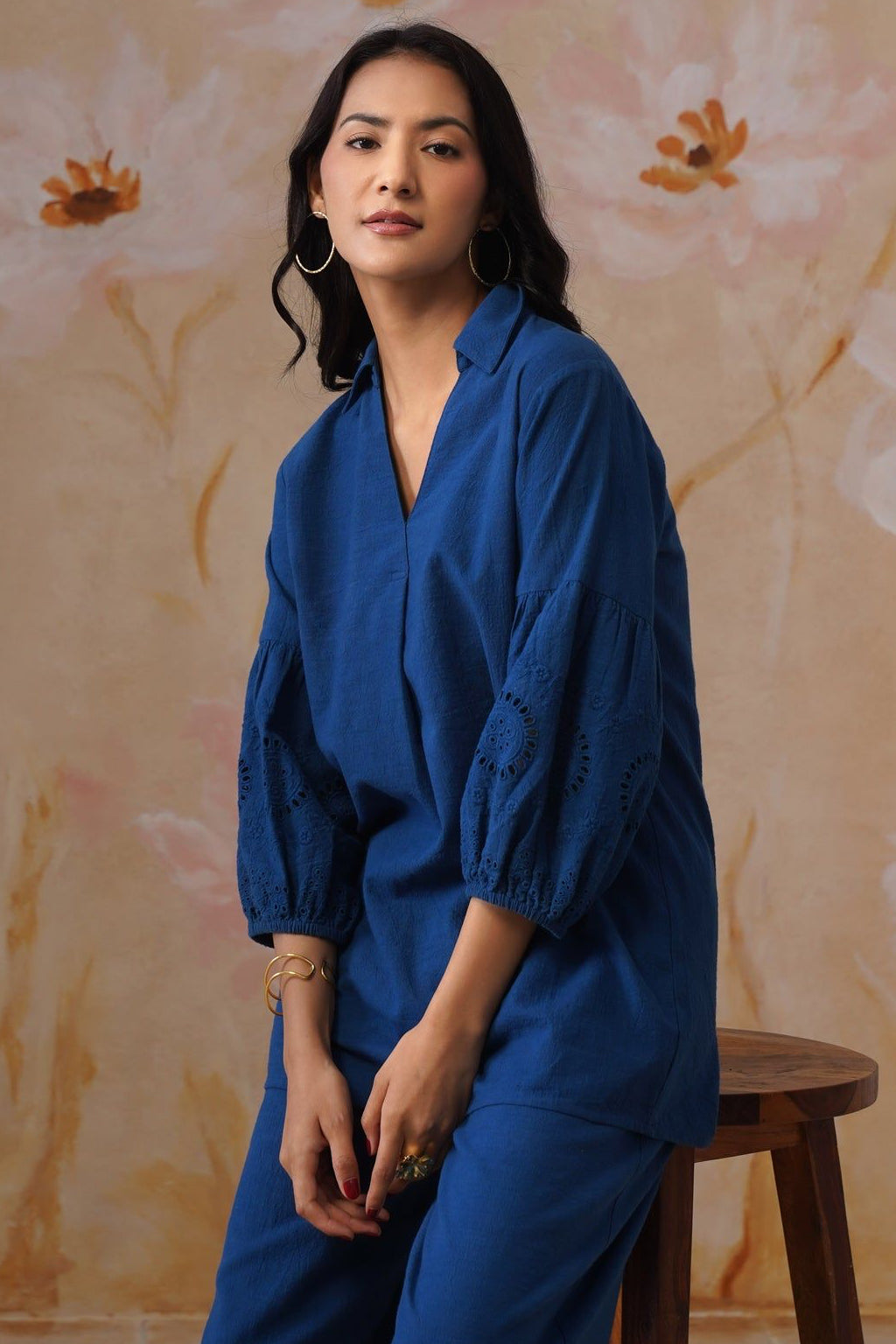 Midnight Blue Broderie Co-Ord Set Korah Stitch