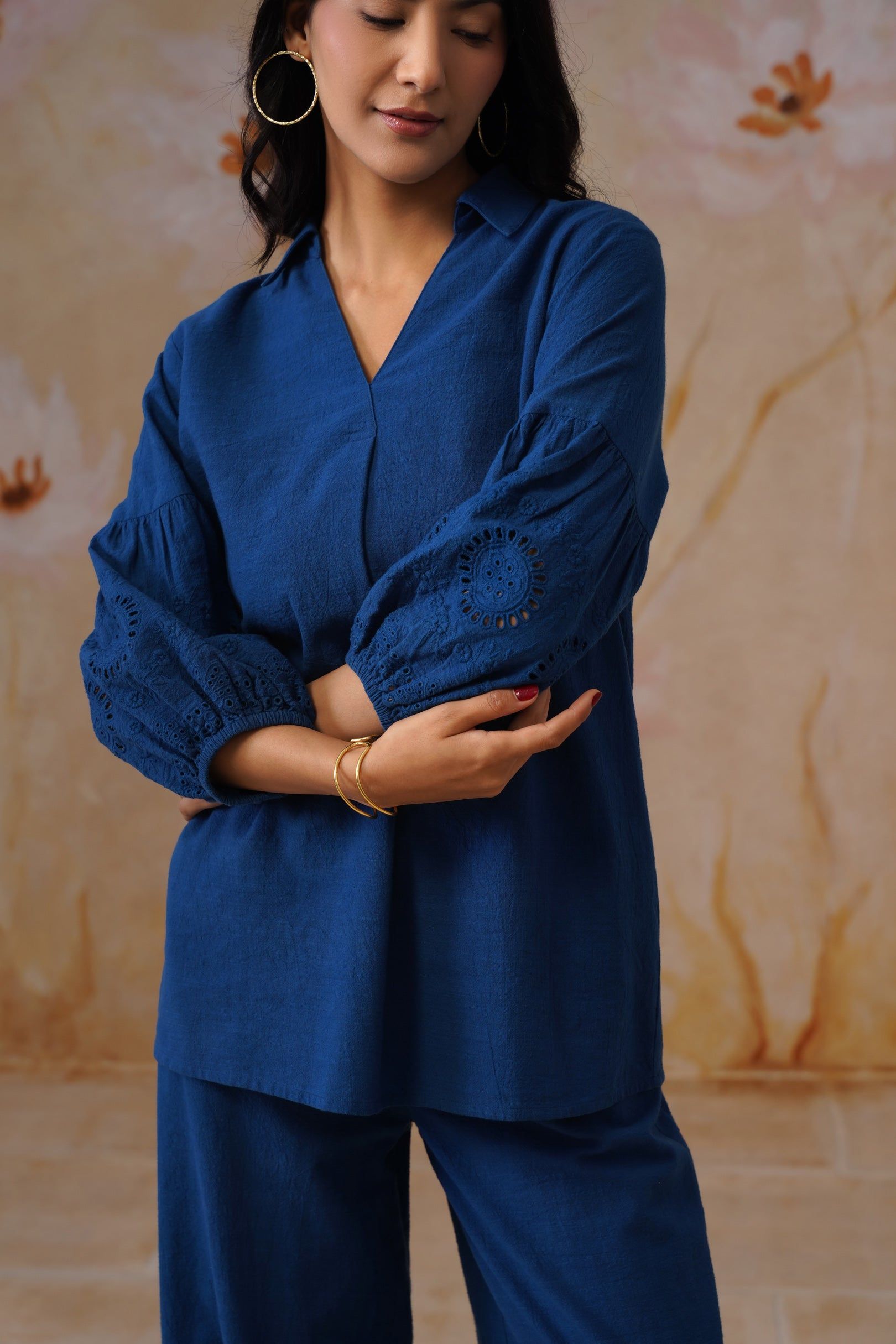 Midnight Blue Broderie Co-Ord Set Korah Stitch