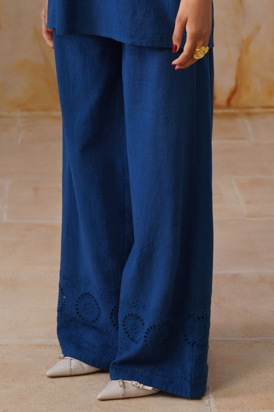 Midnight Blue Broderie Co-Ord Set Korah Stitch