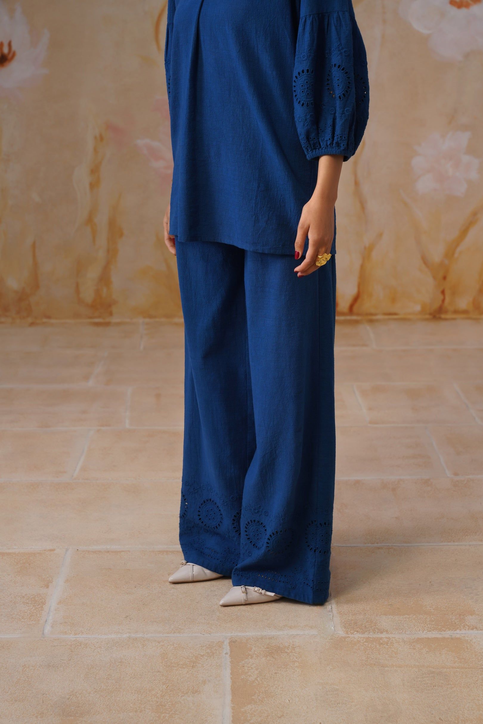 Midnight Blue Broderie Co-Ord Set Korah Stitch
