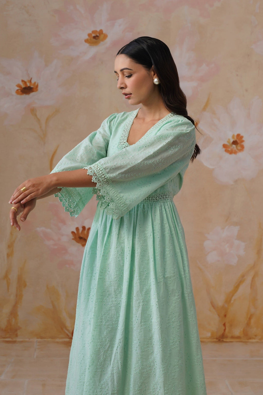 Mint Green Broderie Flared Midi Dress Korah Stitch