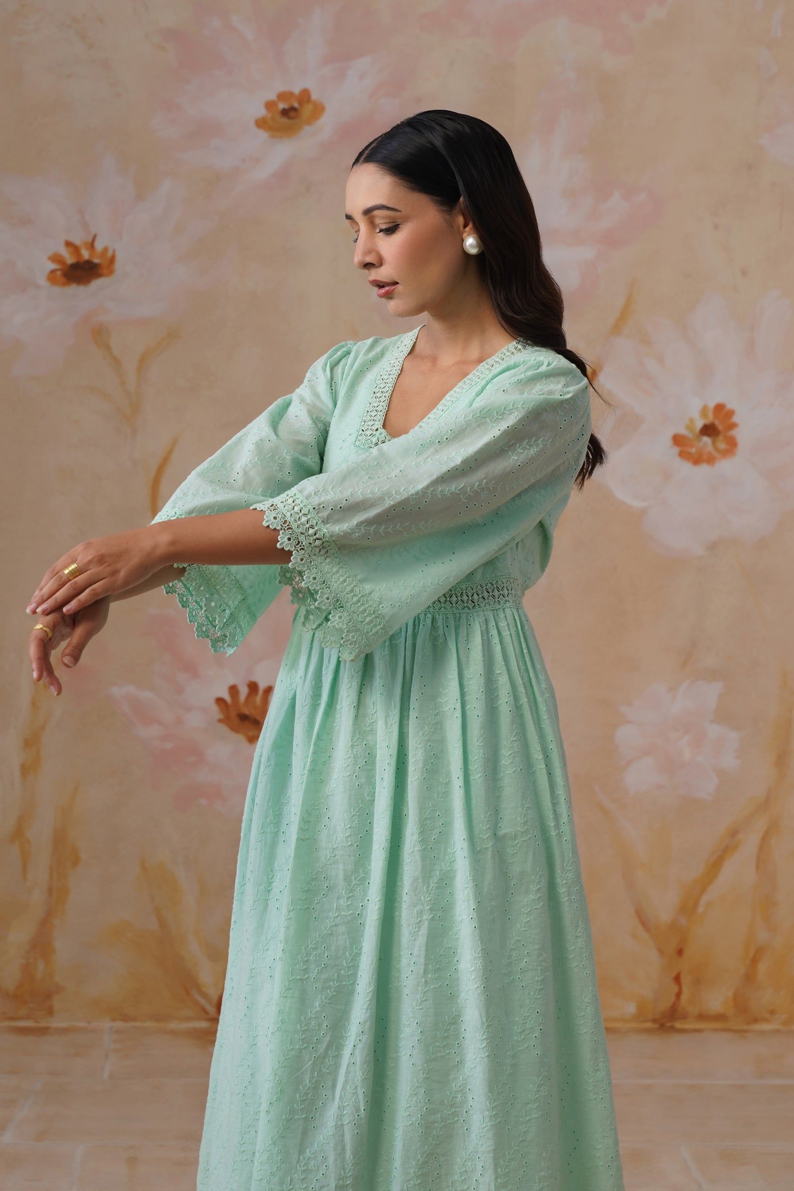 Mint Green Broderie Flared Midi Dress Korah Stitch