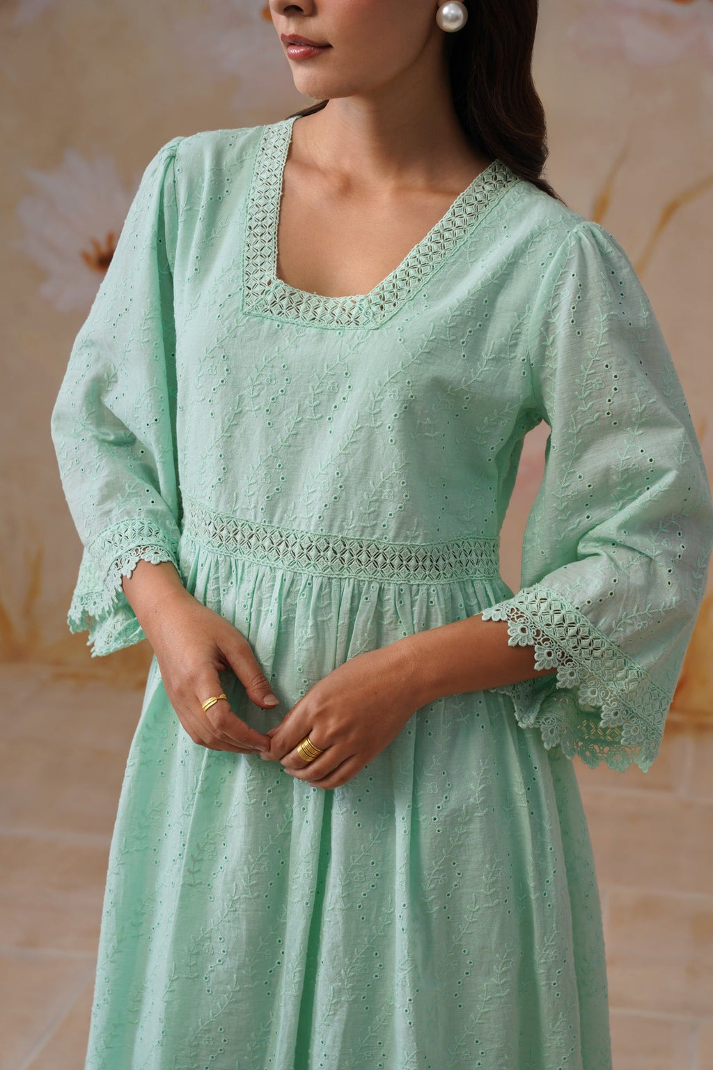 Mint Green Broderie Flared Midi Dress Korah Stitch