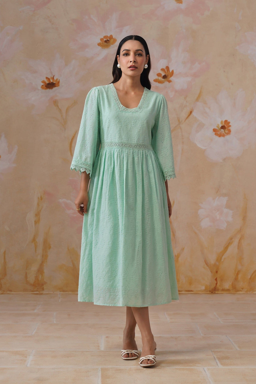 Mint Green Broderie Flared Midi Dress Korah Stitch