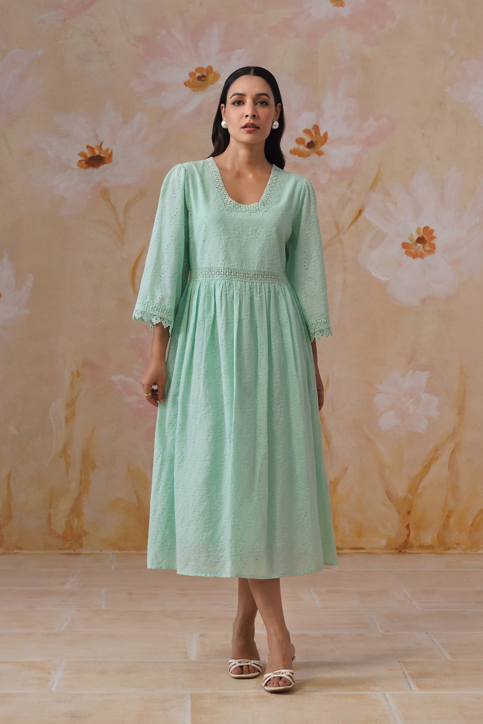 Mint Green Broderie Flared Midi Dress Korah Stitch