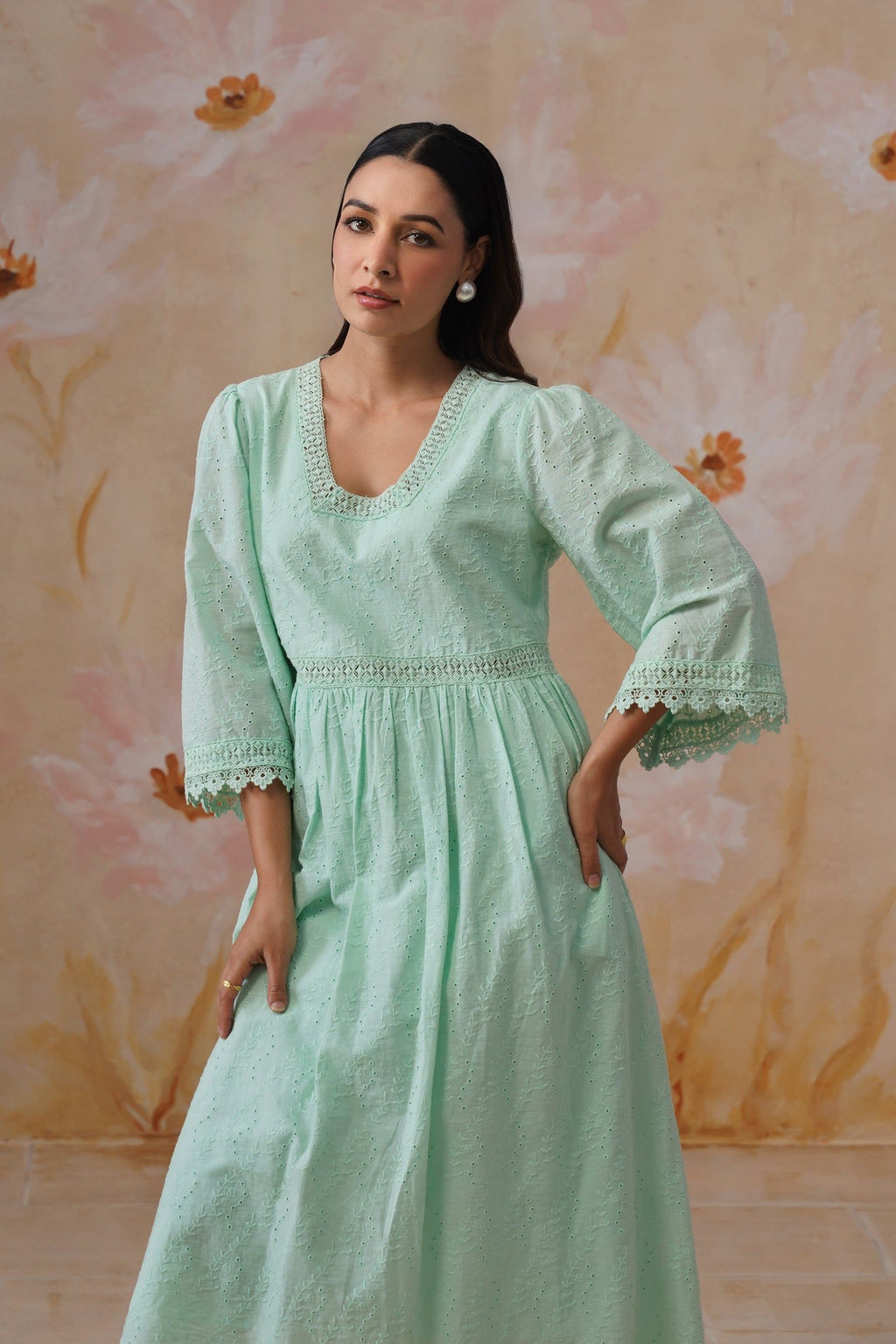 Mint Green Broderie Flared Midi Dress Korah Stitch