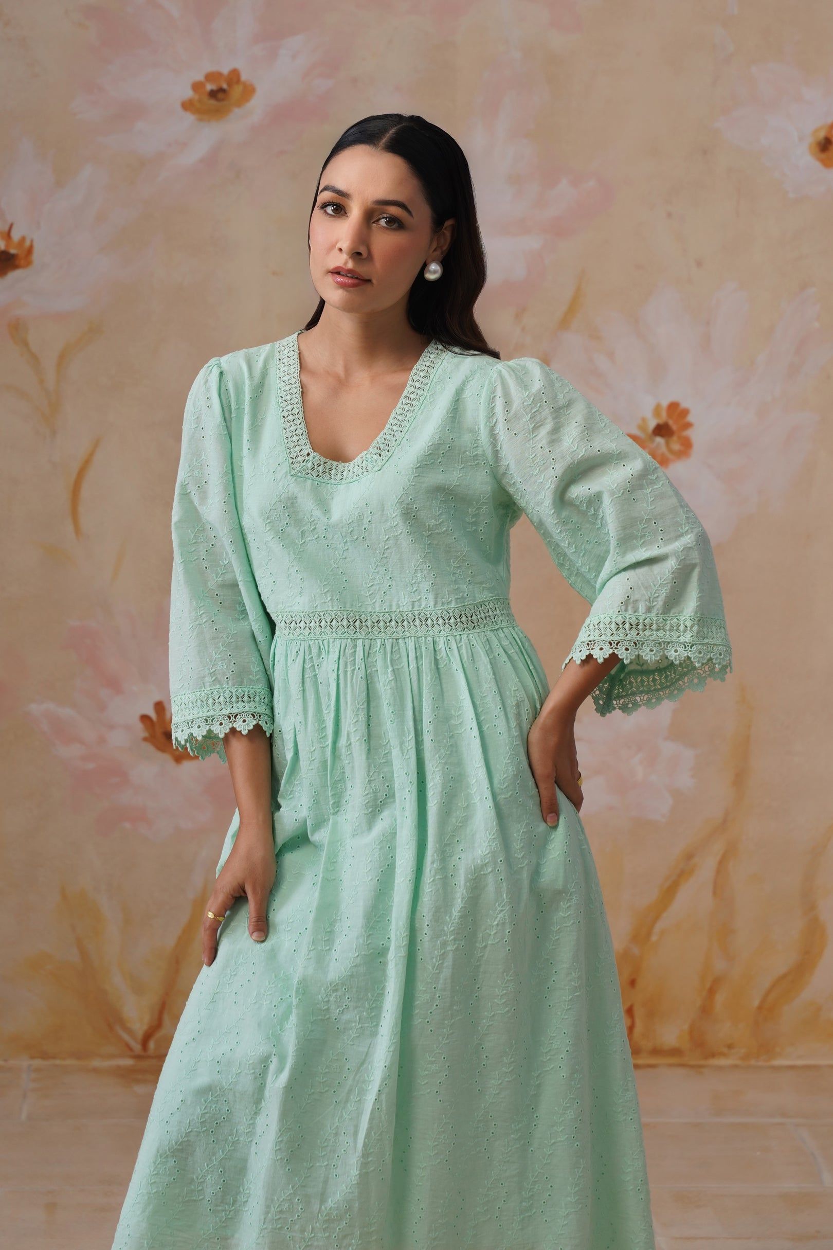 Mint Green Broderie Flared Midi Dress Korah Stitch