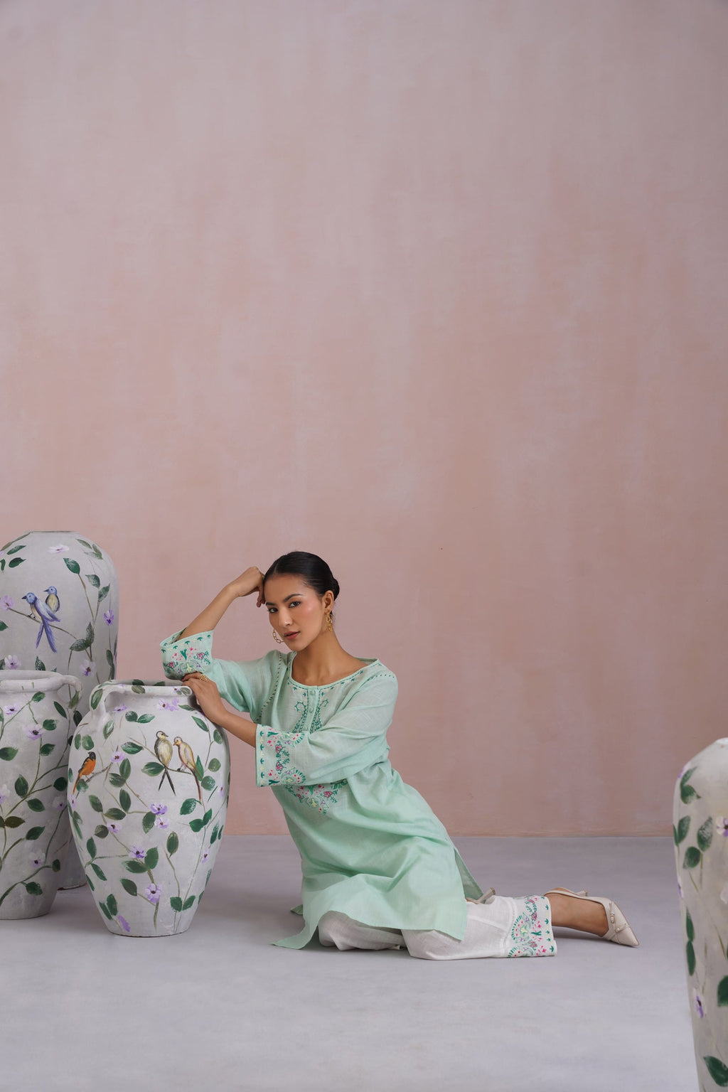 Mint Green & White Paisley Embroidered Kurta Set Korah Stitch