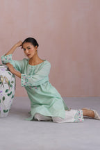 Mint Green & White Paisley Embroidered Kurta Set Korah Stitch