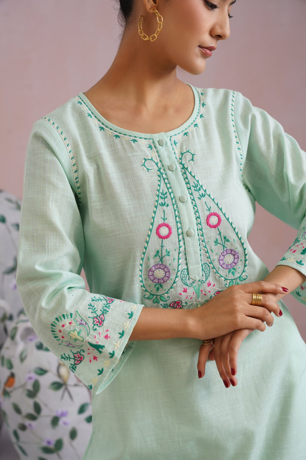 Mint Green & White Paisley Embroidered Kurta Set Korah Stitch