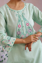 Mint Green & White Paisley Embroidered Kurta Set Korah Stitch