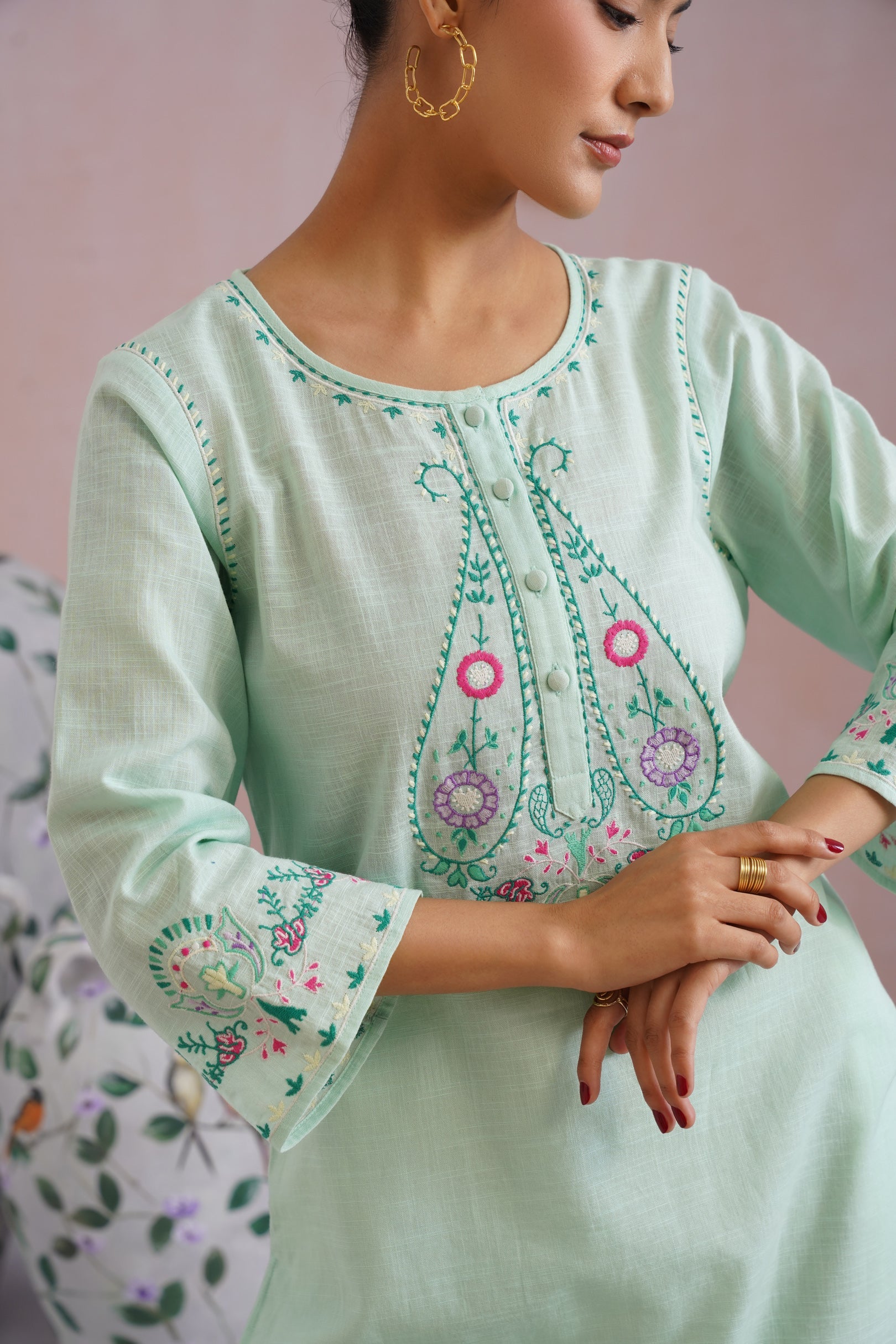 Mint Green & White Paisley Embroidered Kurta Set Korah Stitch