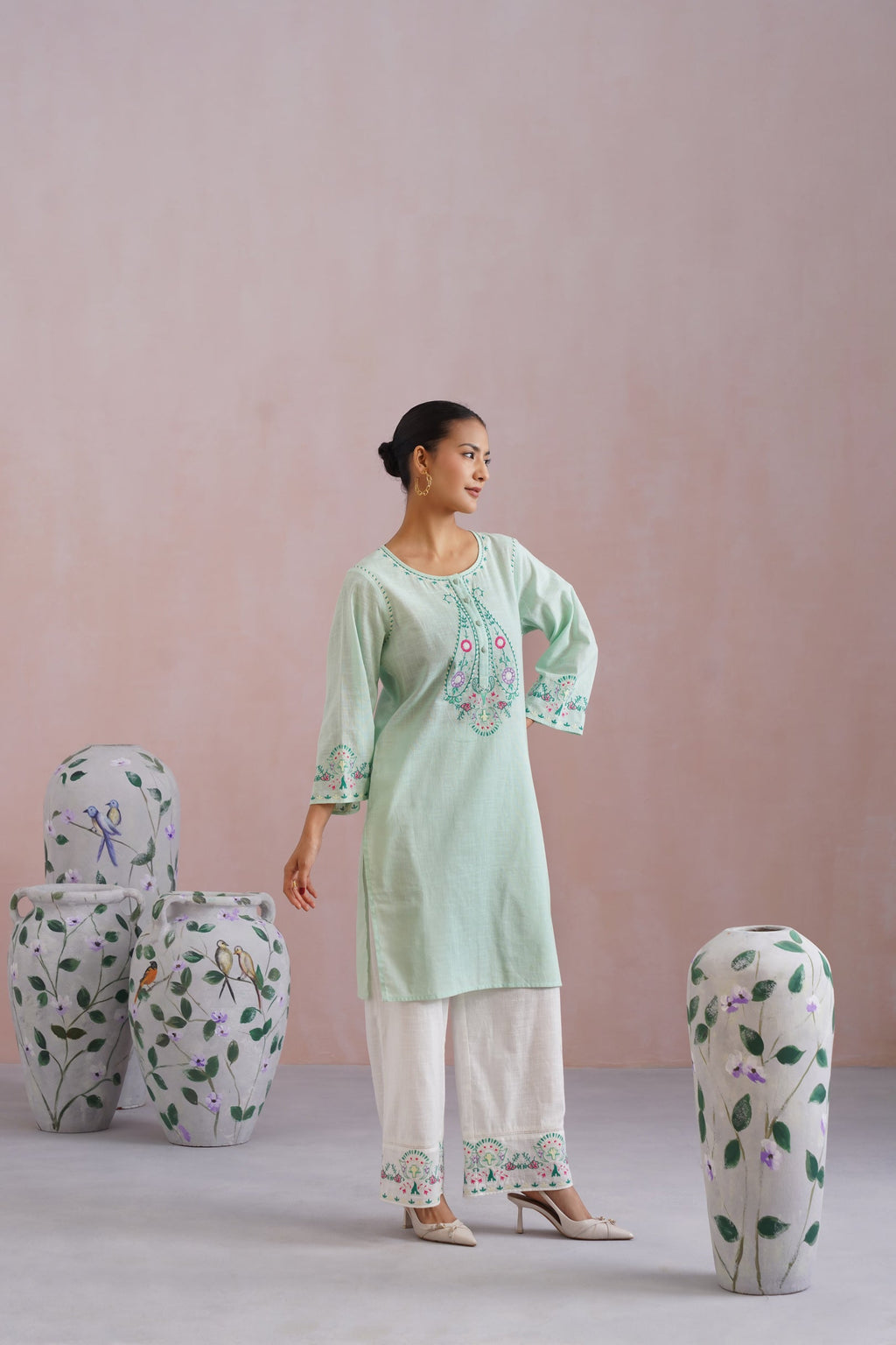 Mint Green & White Paisley Embroidered Kurta Set Korah Stitch