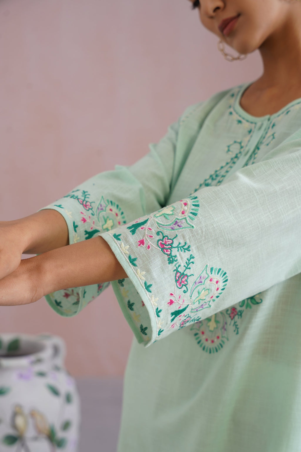 Mint Green & White Paisley Embroidered Kurta Set Korah Stitch
