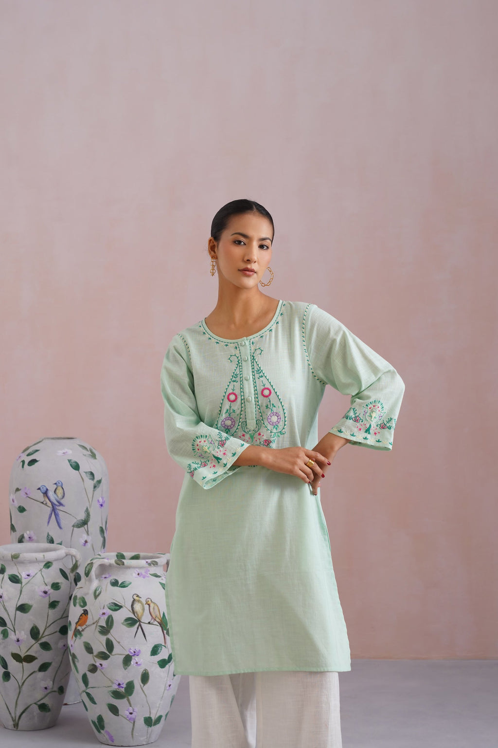 Mint Green & White Paisley Embroidered Kurta Set Korah Stitch