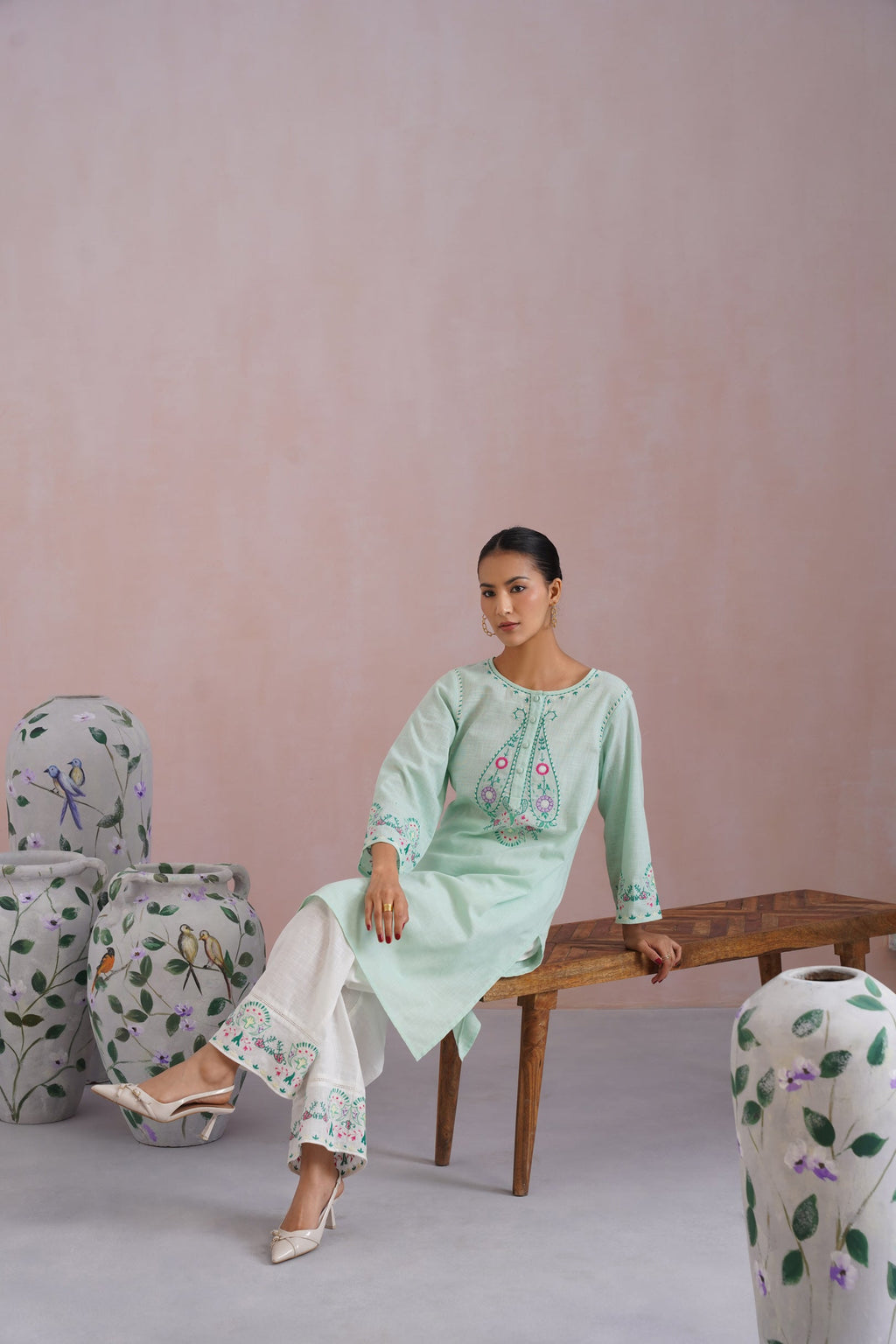 Mint Green & White Paisley Embroidered Kurta Set Korah Stitch