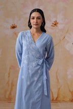 Powder Blue Embroidered Midi Wrap Dress Korah Stitch