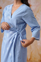 Powder Blue Embroidered Midi Wrap Dress Korah Stitch