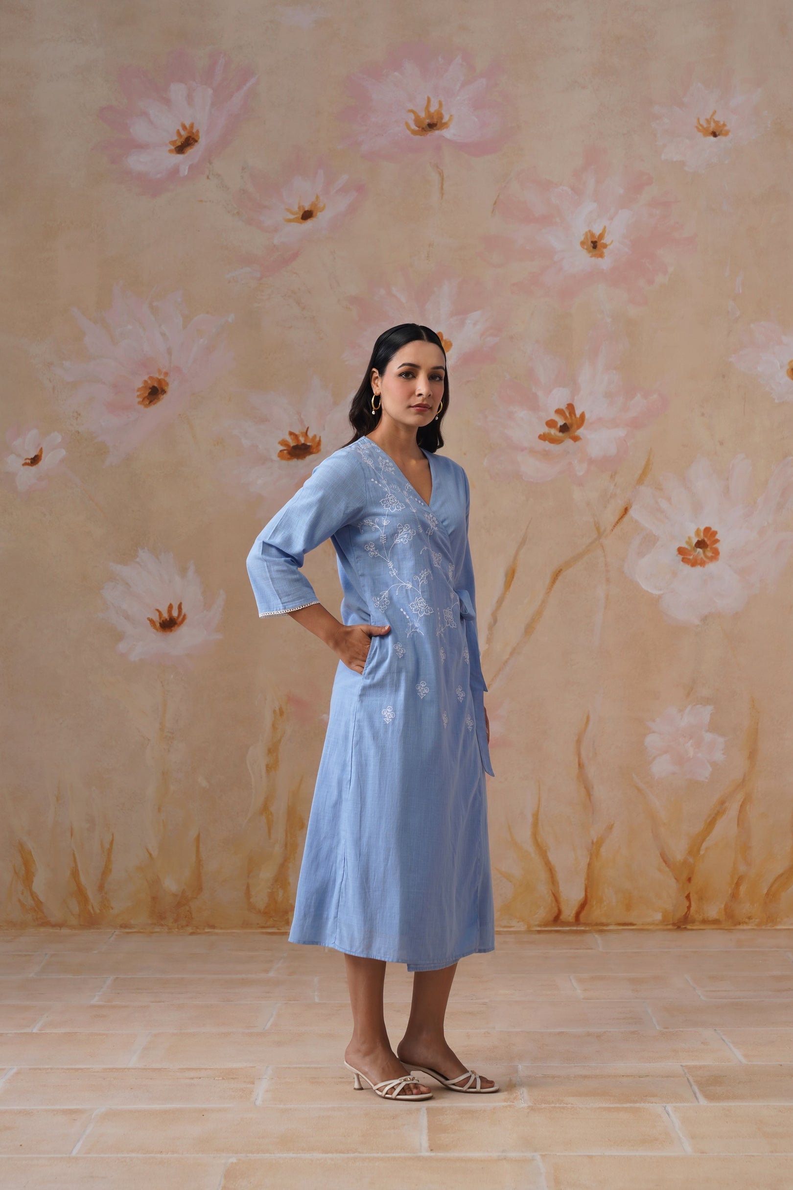 Powder Blue Embroidered Midi Wrap Dress Korah Stitch
