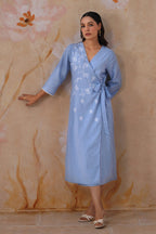 Powder Blue Embroidered Midi Wrap Dress Korah Stitch