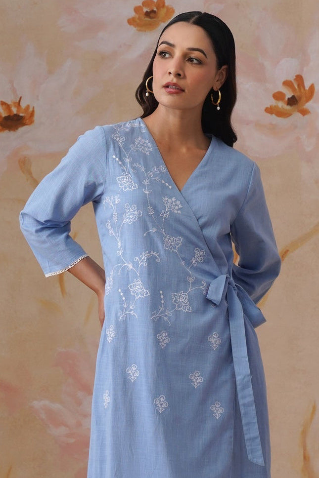 Powder Blue Embroidered Midi Wrap Dress Korah Stitch