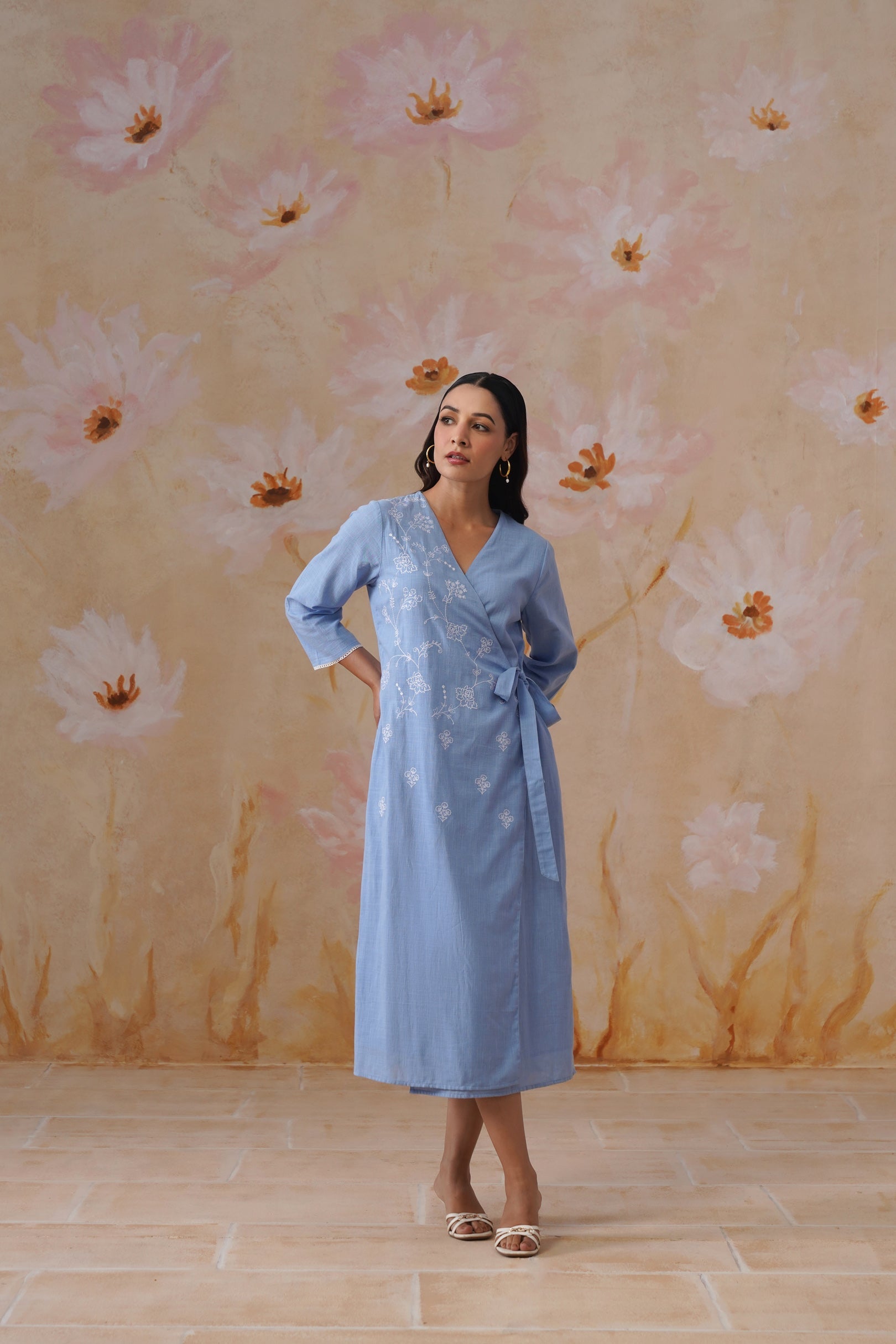 Powder Blue Embroidered Midi Wrap Dress Korah Stitch