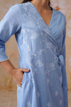 Powder Blue Embroidered Midi Wrap Dress Korah Stitch