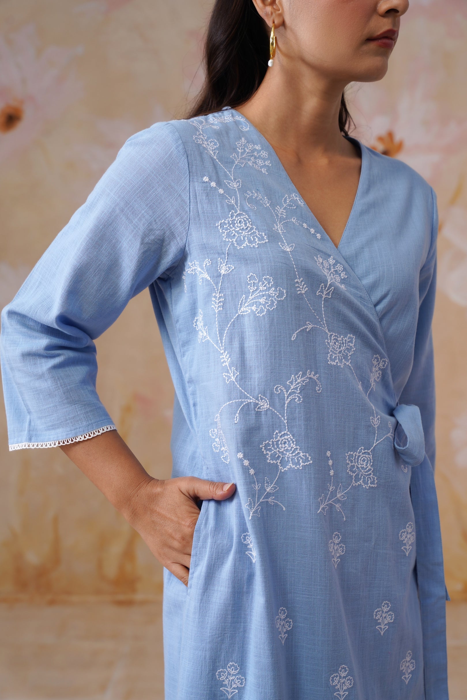 Powder Blue Embroidered Midi Wrap Dress Korah Stitch