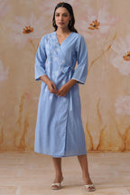 Powder Blue Embroidered Midi Wrap Dress Korah Stitch