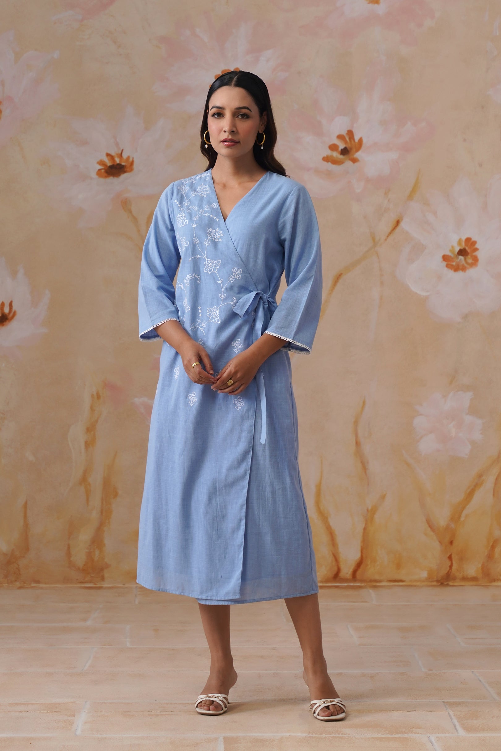 Powder Blue Embroidered Midi Wrap Dress Korah Stitch
