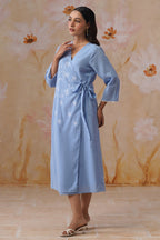 Powder Blue Embroidered Midi Wrap Dress Korah Stitch