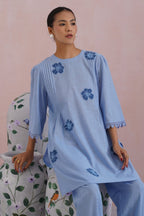 Powder Blue Kurta Set With Flower Patchwork Detailing Korah Stitch