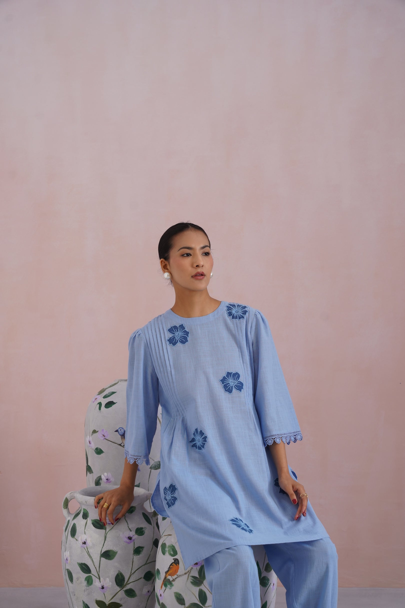 Powder Blue Kurta Set With Flower Patchwork Detailing Korah Stitch