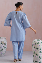 Powder Blue Kurta Set With Flower Patchwork Detailing Korah Stitch