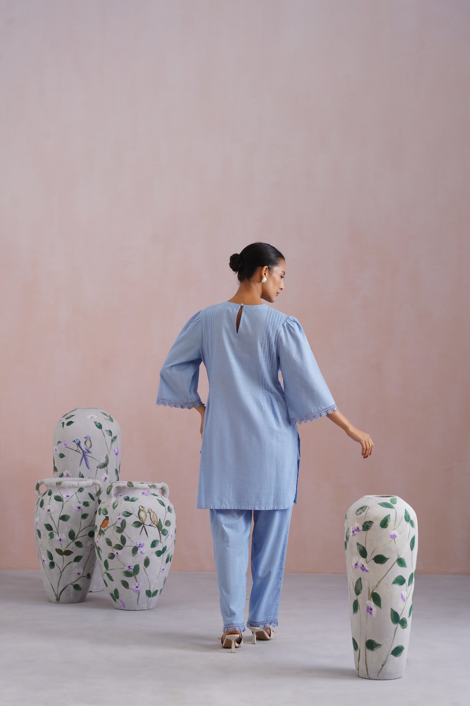 Powder Blue Kurta Set With Flower Patchwork Detailing Korah Stitch