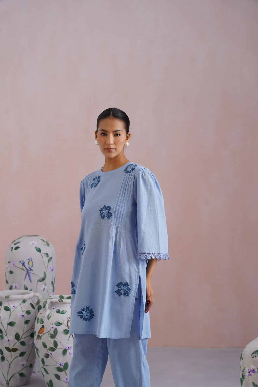 Powder Blue Kurta Set With Flower Patchwork Detailing Korah Stitch