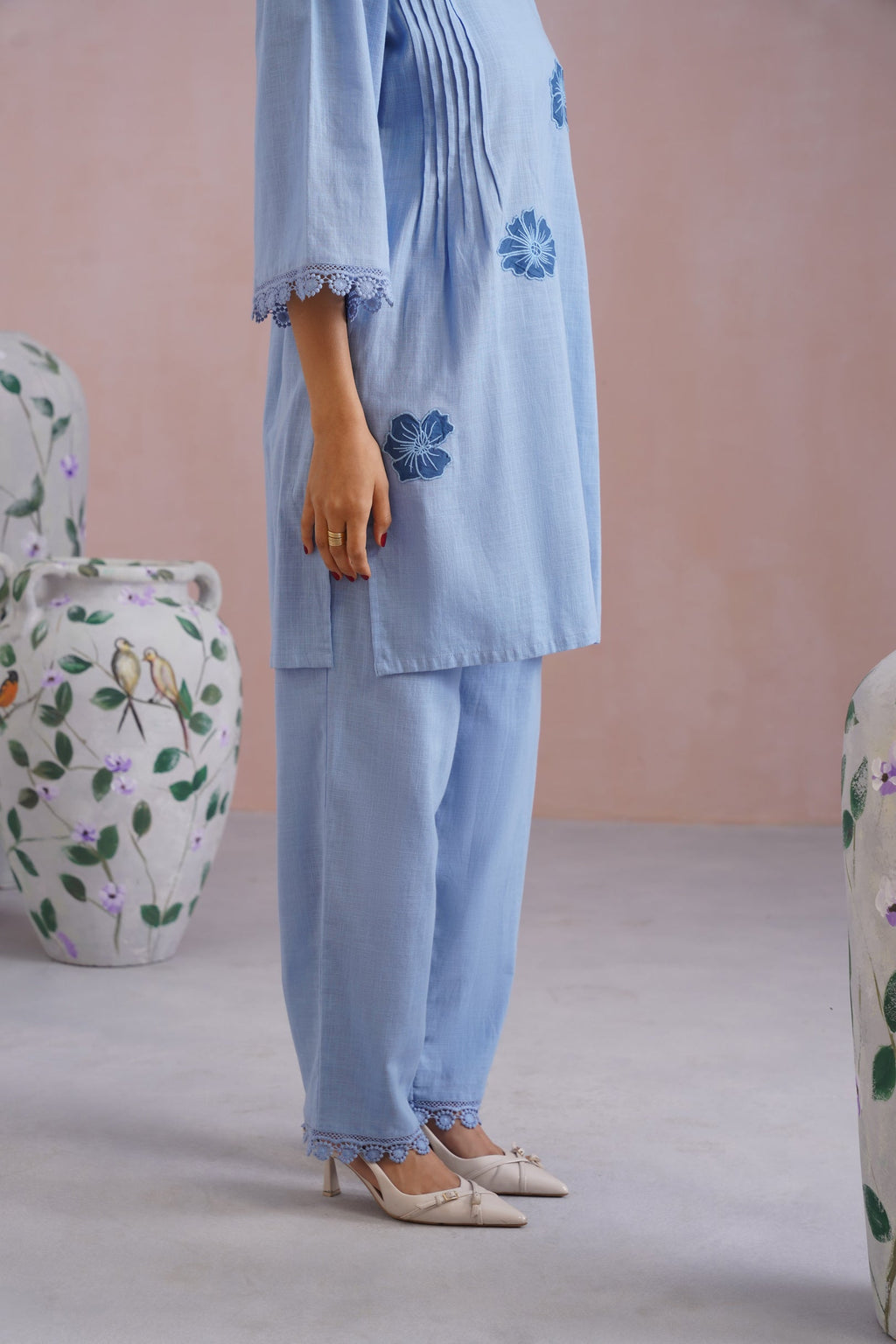 Powder Blue Kurta Set With Flower Patchwork Detailing Korah Stitch