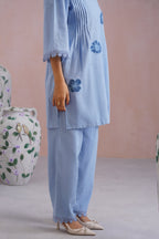 Powder Blue Kurta Set With Flower Patchwork Detailing Korah Stitch