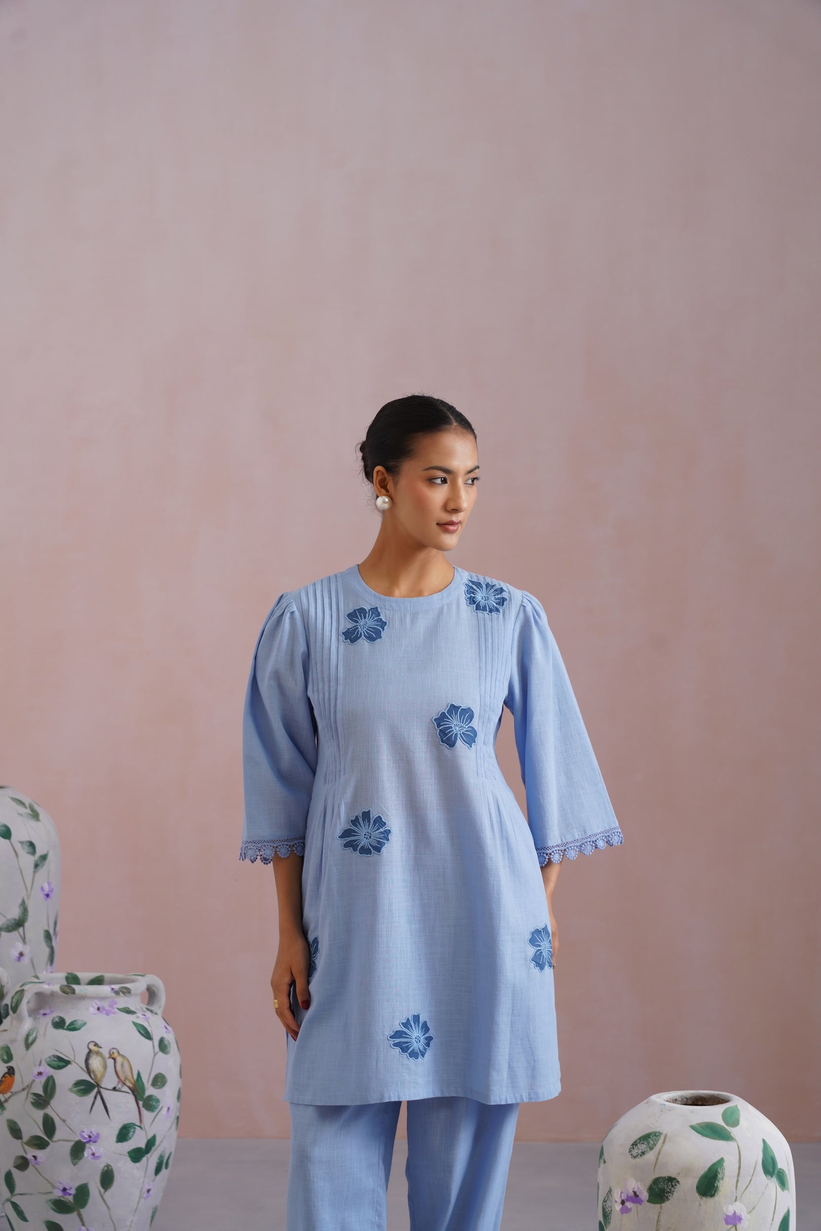 Powder Blue Kurta Set With Flower Patchwork Detailing Korah Stitch