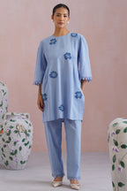 Powder Blue Kurta Set With Flower Patchwork Detailing Korah Stitch